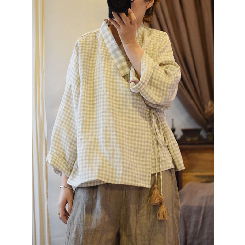 Pure Linen Lace-up Tassel Women's Shirt Top