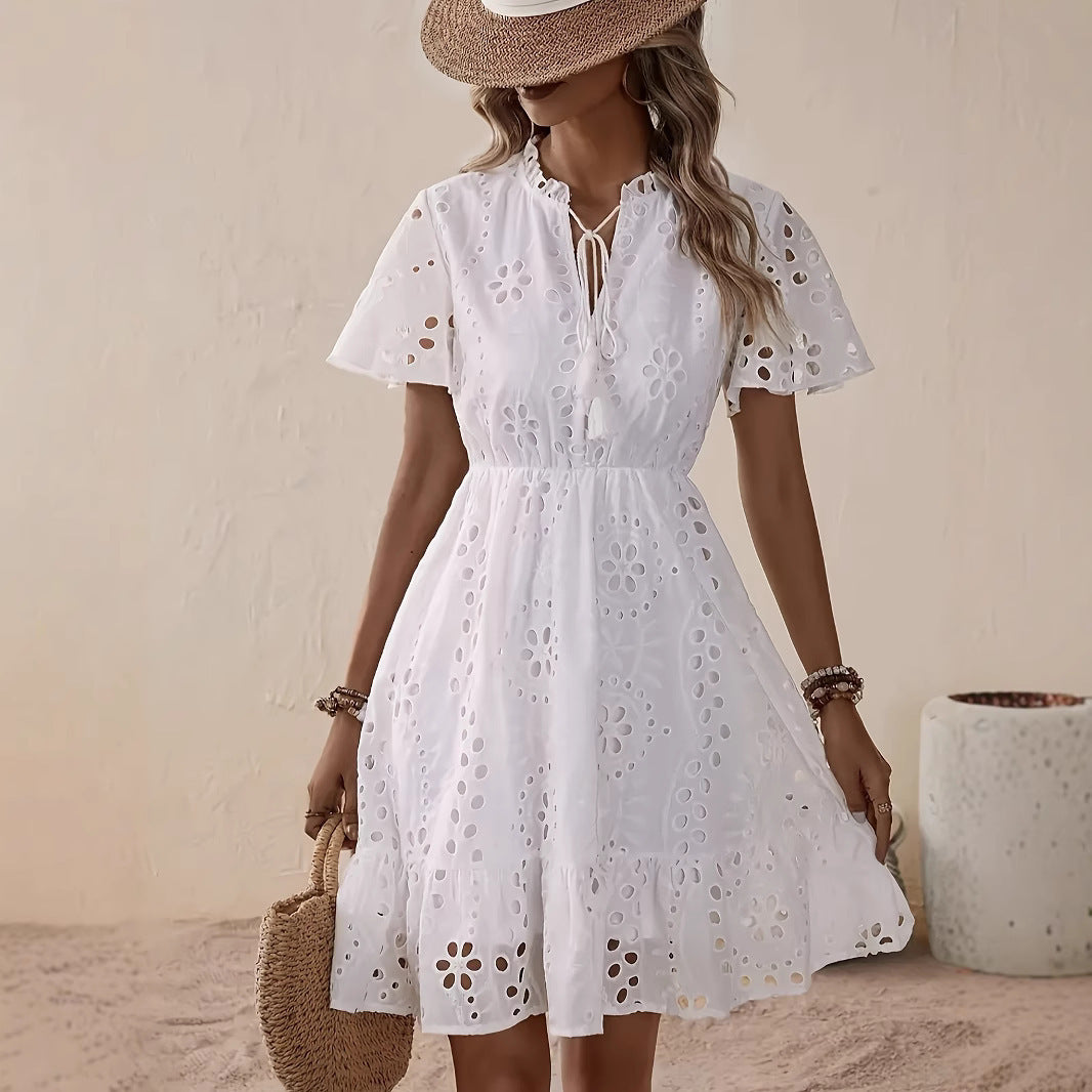Women's White V-Neck Lace Embroidery Chenille Mini Summer Dress