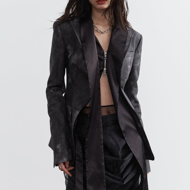 Dark Punk Smoked Ink Dyed PU Leather Coat Two-Piece Look