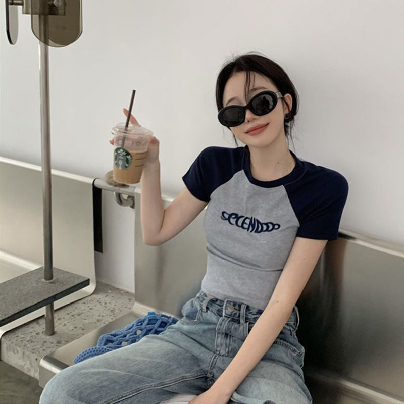 Pure Desire Slim Fit Short Sleeve Student Top with American Design