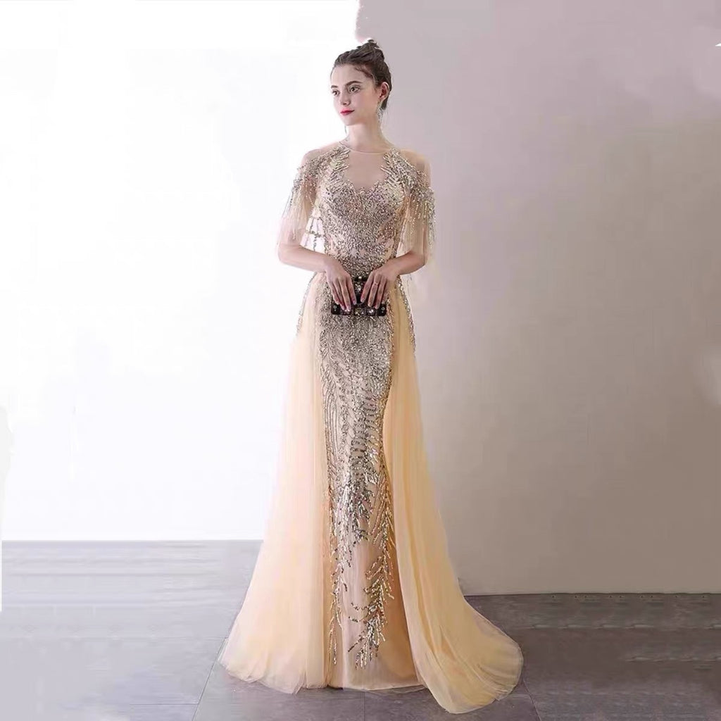 Robe de soirée perlée pour femme, dorée et bleu foncé