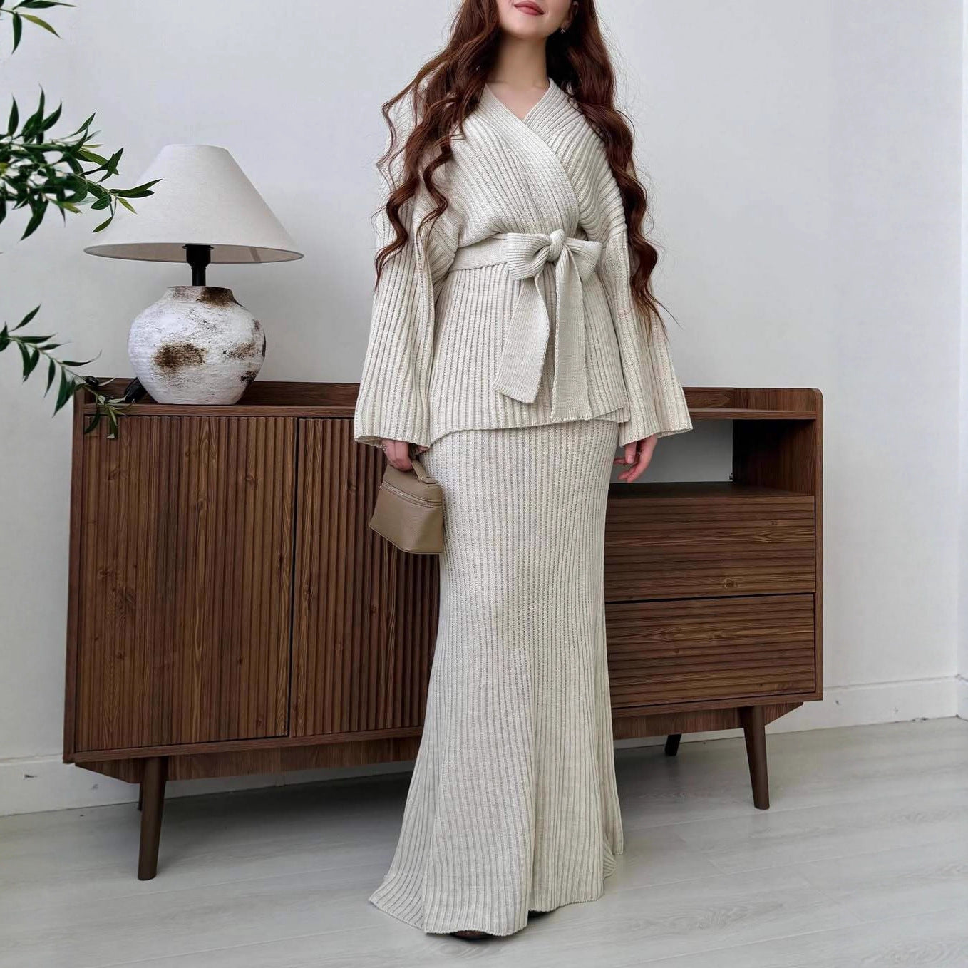 V-Neck Ribbed Sweater Knit Wrap Dress with Straight Skirt & Bow Tie