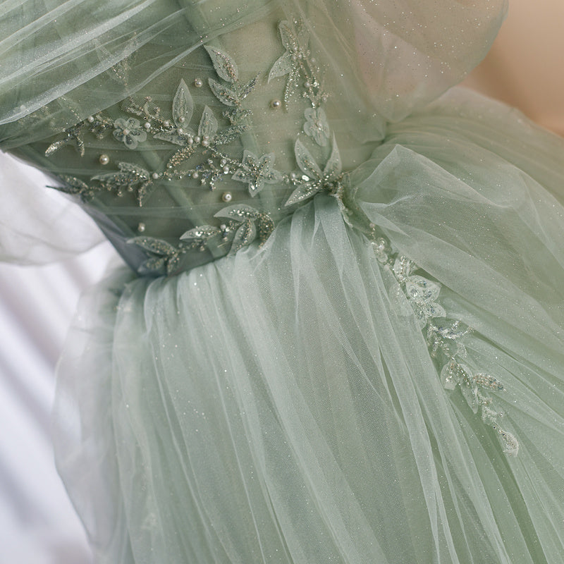 Robe de mariée de soirée en polyester vert beige avec traîne de haute qualité