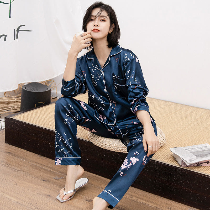 Women’s Sweet Luxury 5050 Artificial Silk Lapel Long Sleeve Pajama Set with Trousers