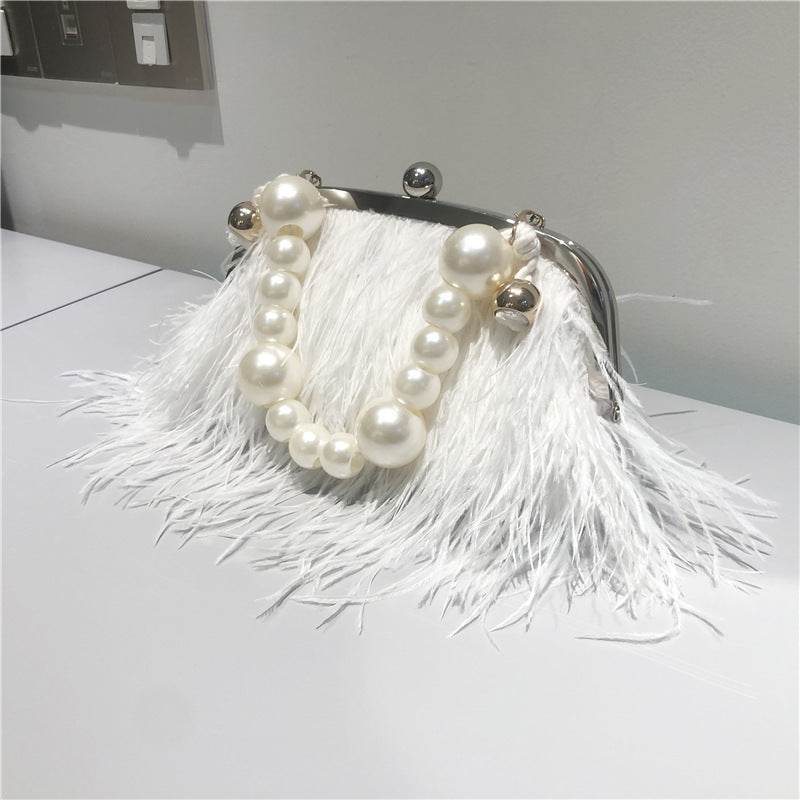 Pearl Chain Plush Messenger Bag Women's Ostrich Style Medium 22x20x4CM