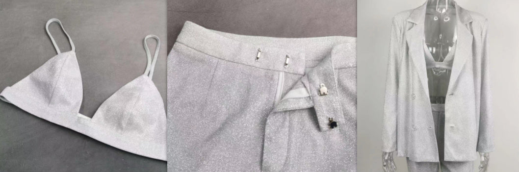 Veste de costume à paillettes, sous-vêtements, pantalon droit.