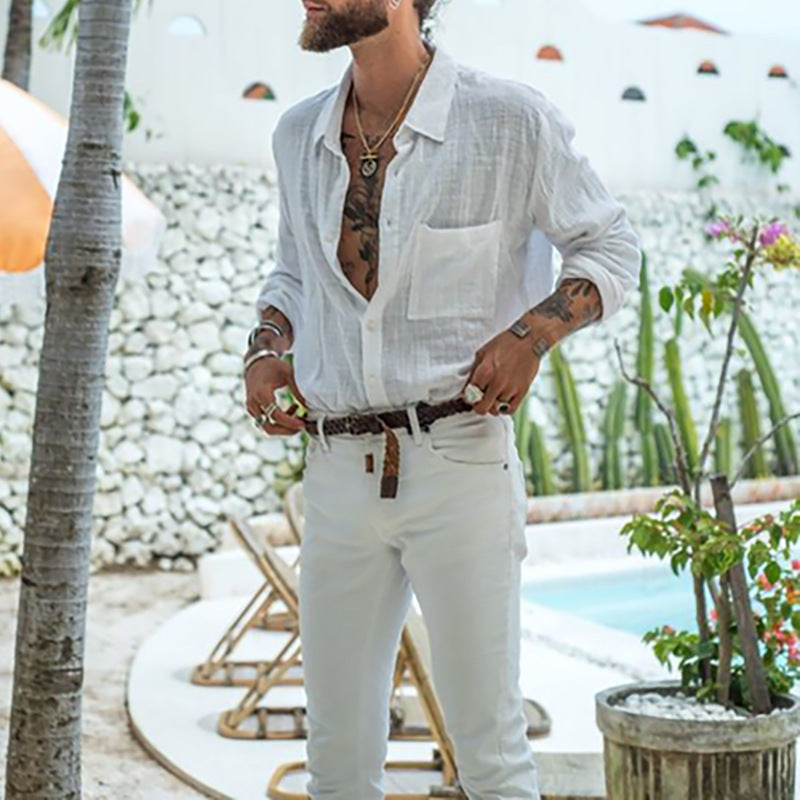 Men's White Cotton Linen Shirt Loose Fit Long Sleeve M-XXXL