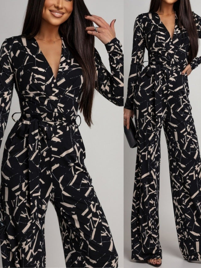 V-Neck Printed Long-Sleeve Jumpsuit for Women
