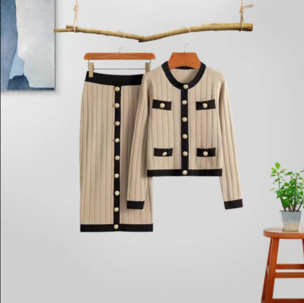 Knitted Two-Piece Cardigan Set with Skirt