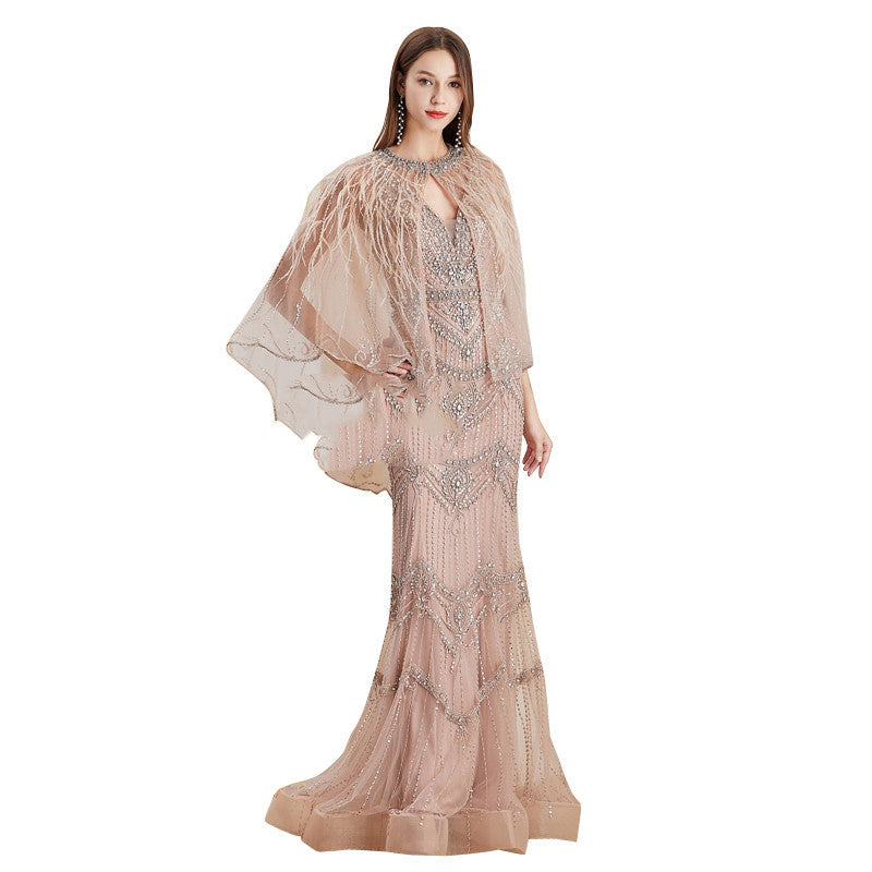 Ladies' Elegant Mermaid Dress with Shawl in Lotus Root Pink