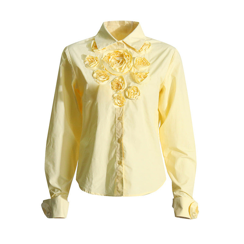 Women's Floral Stitching Polo Collar Top with 3D Decoration