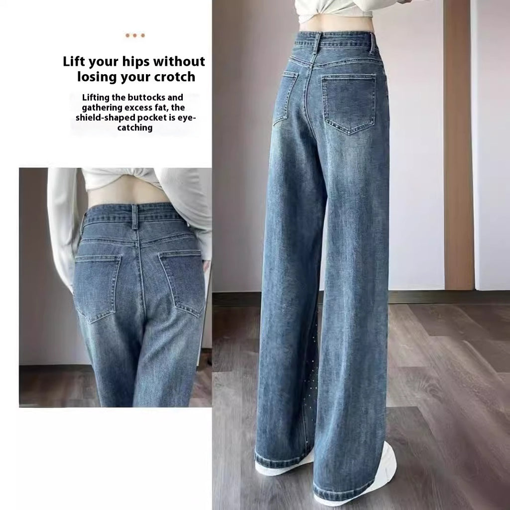 Jean en denim taille haute à jambes larges avec strass
