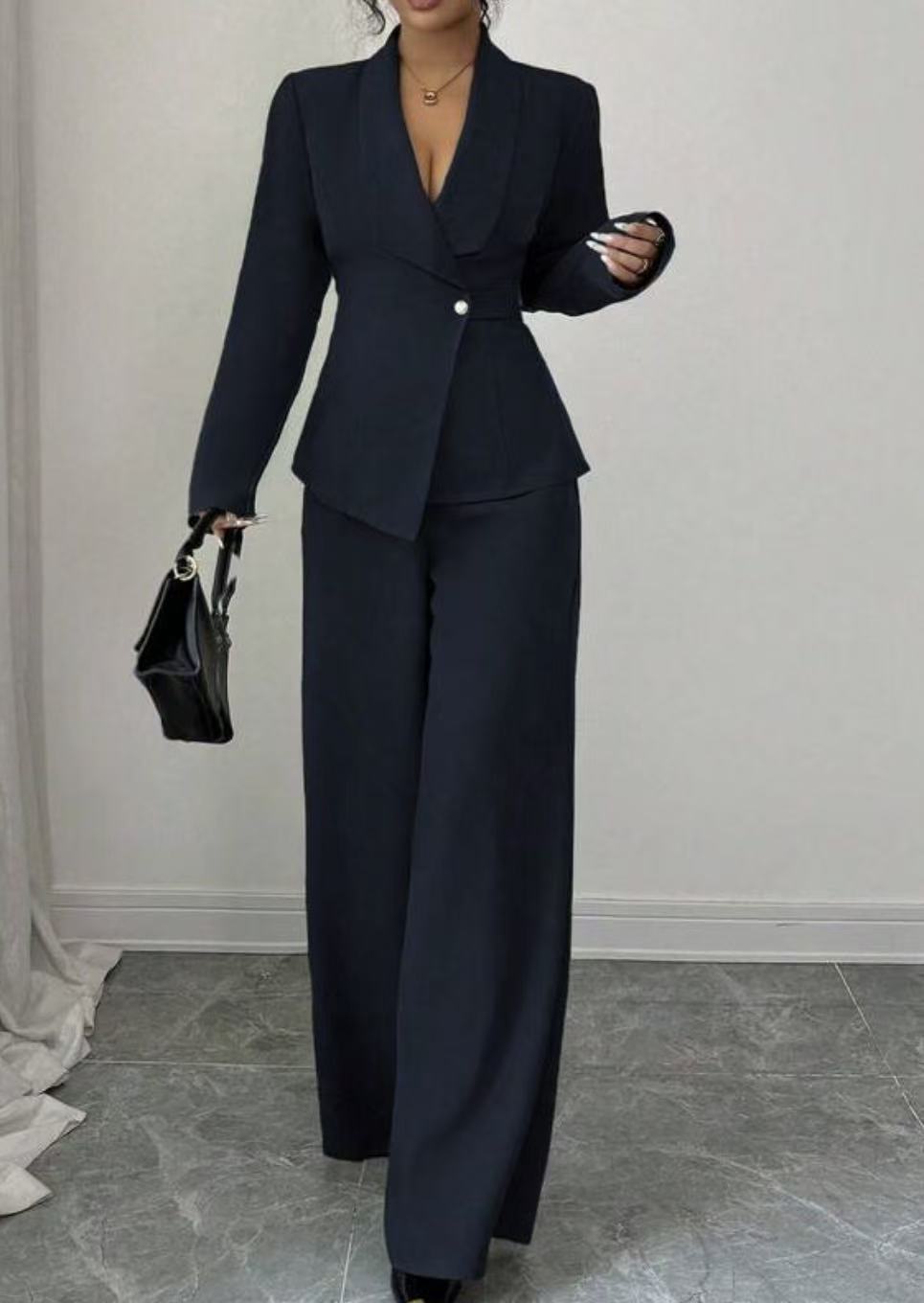 Women's Long-Sleeve Suit Jacket with Straight-Leg Pants Set