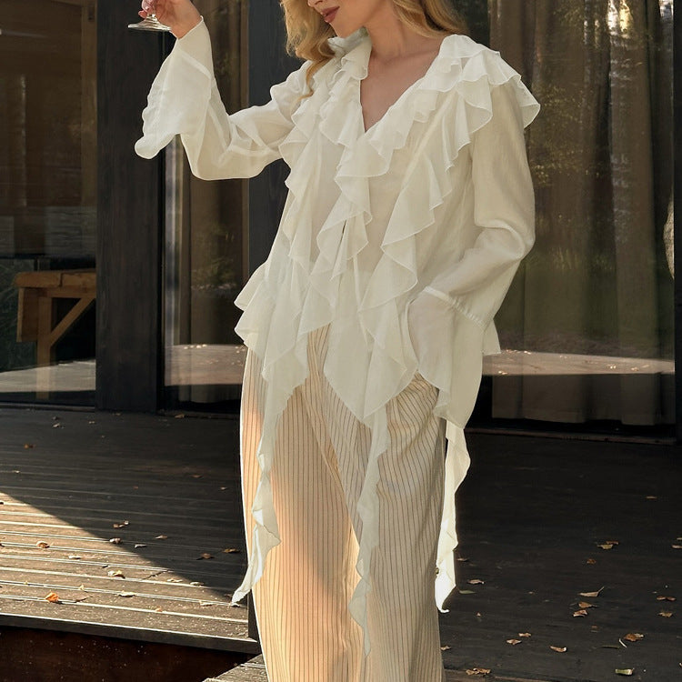 Chemise en Tencel beige décontractée à volants et manches cloche