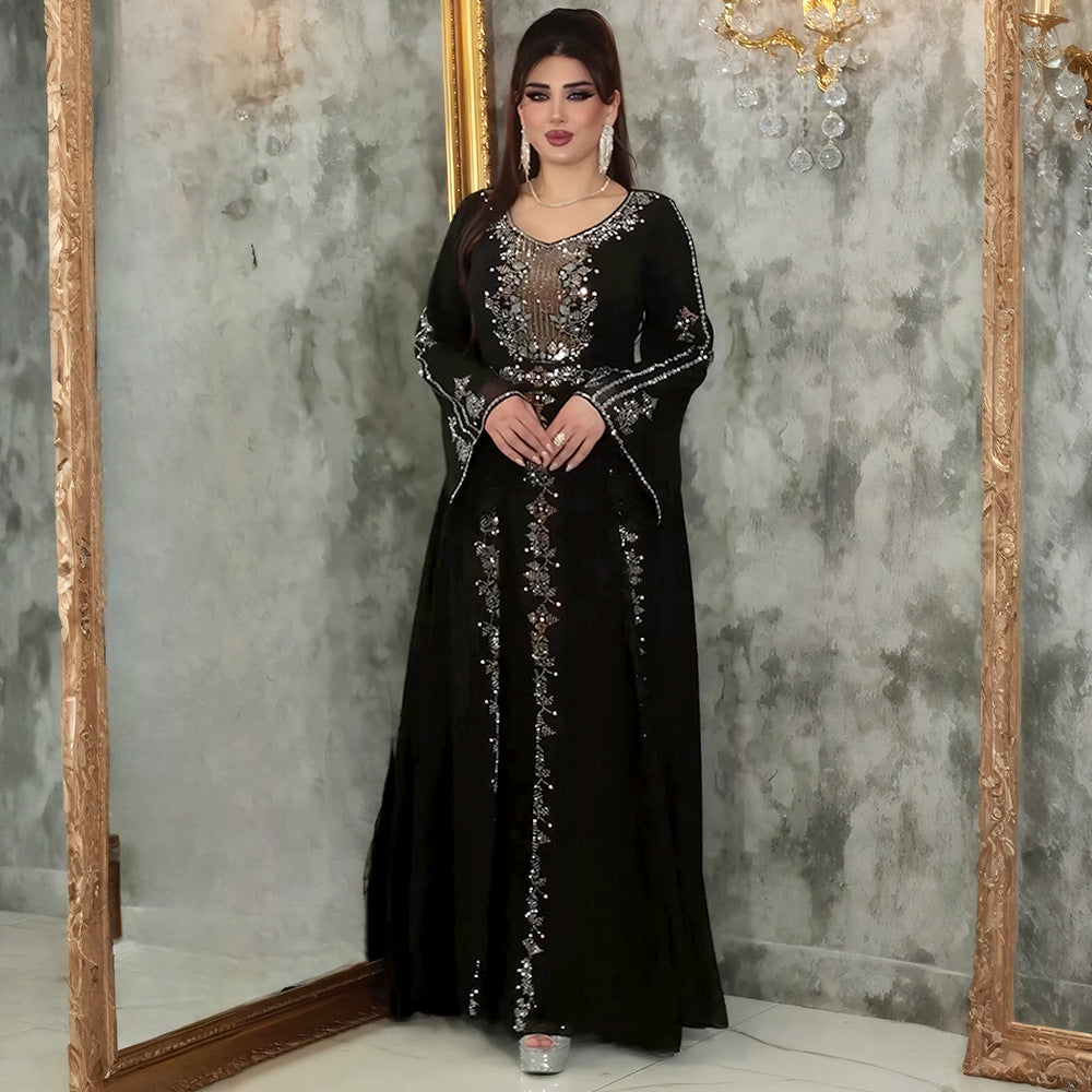 فستان نسائي مسلم أنيق بأكمام جرس باللون الأخضر والأرجواني والأسود، مقاسات L-3XL