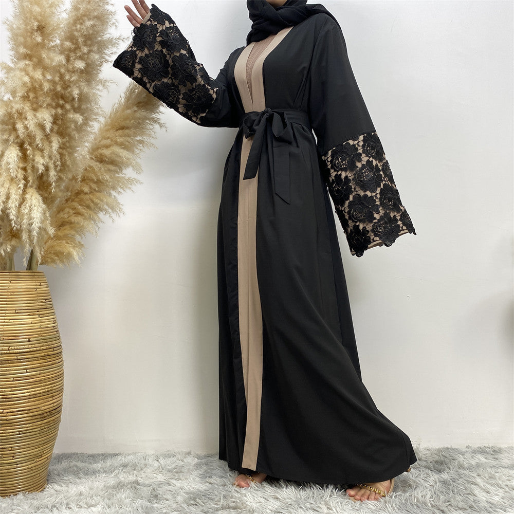 Plus Size Black Lace Cuffs Patchwork Long Sleeve Lace-Up Cardigan Robe for Women