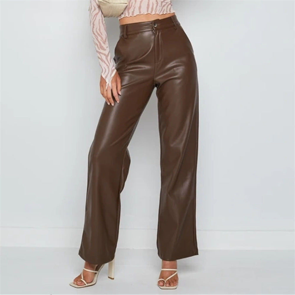 Pantalon en similicuir taille haute, coupe ample, jambes larges, style décontracté