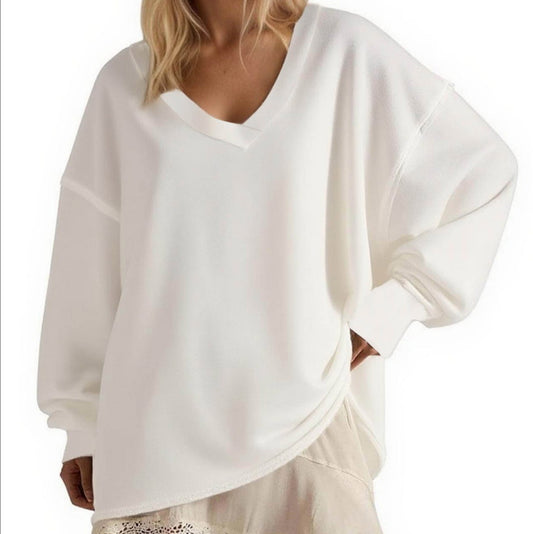 New Solid-color V-neck Loose-fitting Long-sleeve Top For Women