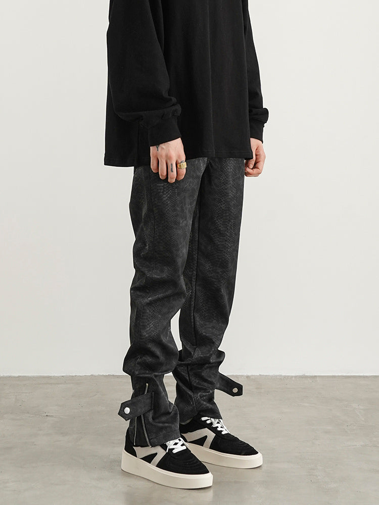 Black Snakeskin PU Button Straight Leather Pants