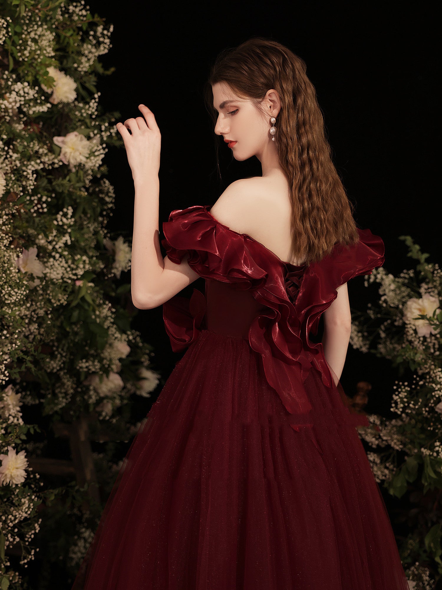 Grace Wine Red Off Shoulder Dinner Dress