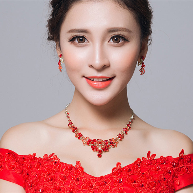 Bijoux de mariée, collier rouge, boucles d'oreilles, trois ensembles de toasts, accessoires de mode en gros