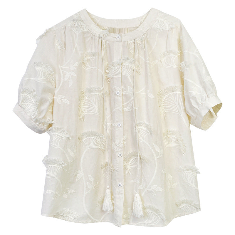 Women's Apricot Cotton Short Sleeve Embroidered Shirt French Style