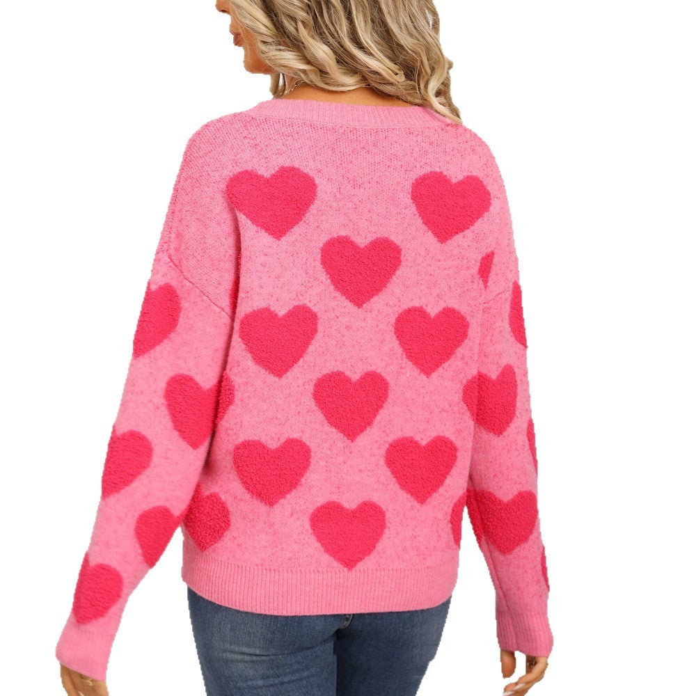 European And American Pullover Jacquard Peach Heart Sweater For Women