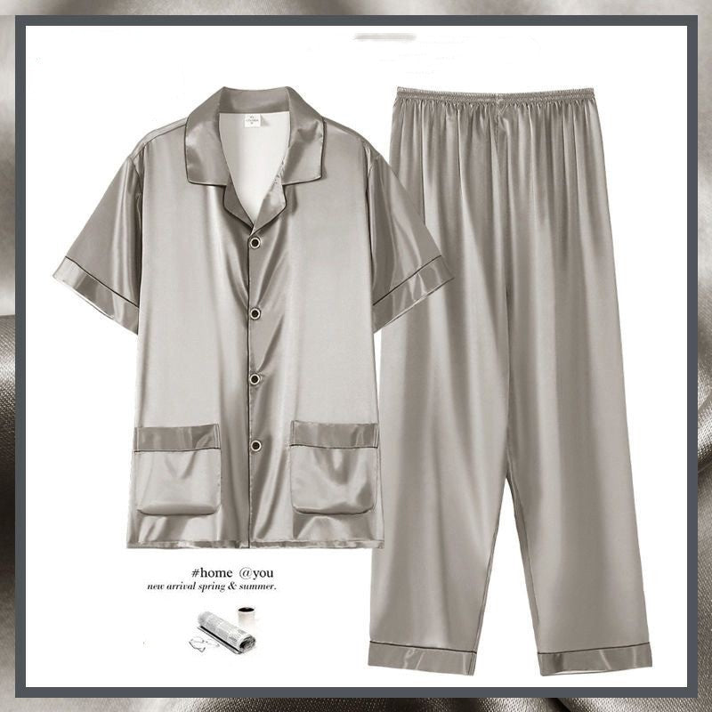Men's Summer Thin Ice Silk Short Sleeve Homewear Suit with Trousers