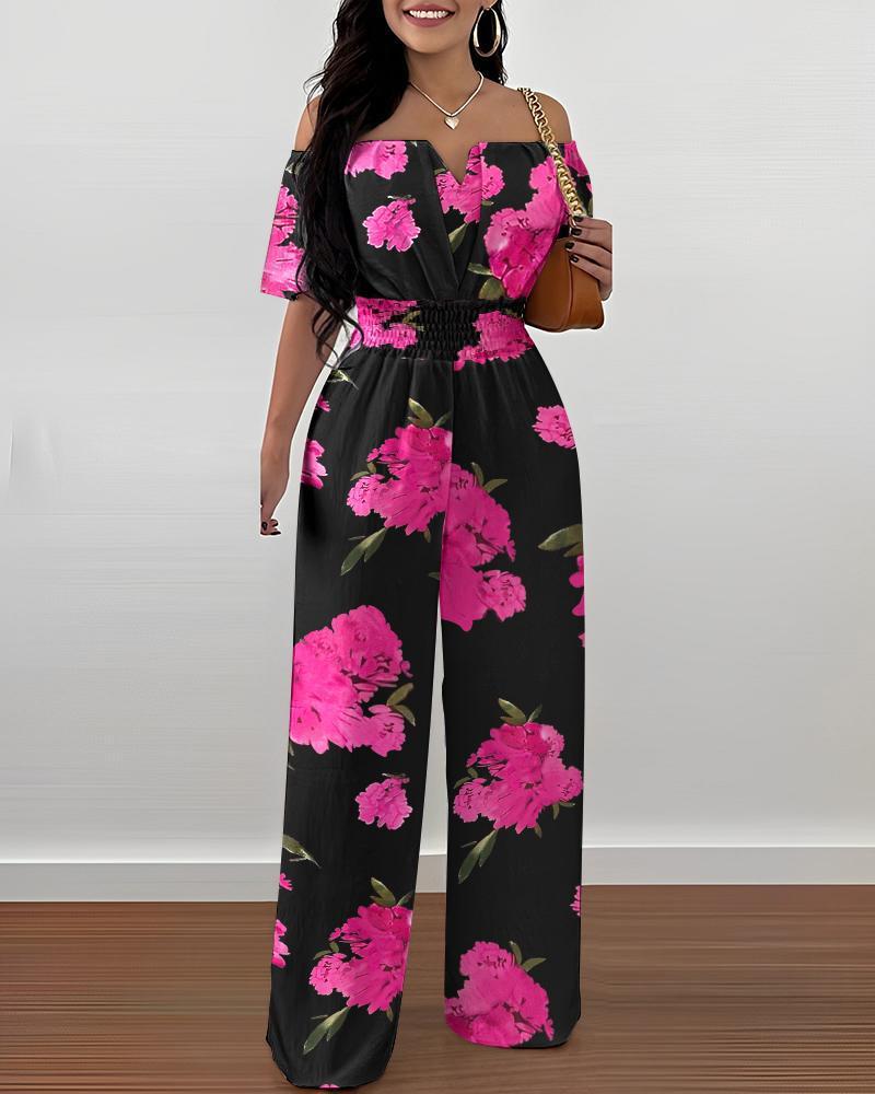 Women's Off-Neck Waist-Trimmed Loose Straight Jumpsuit