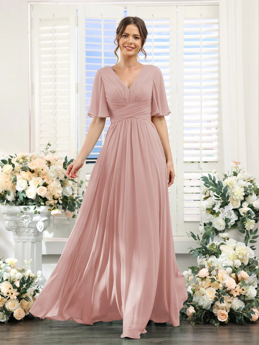 Robe de soirée longue en mousseline de soie à col en V et manches papillon