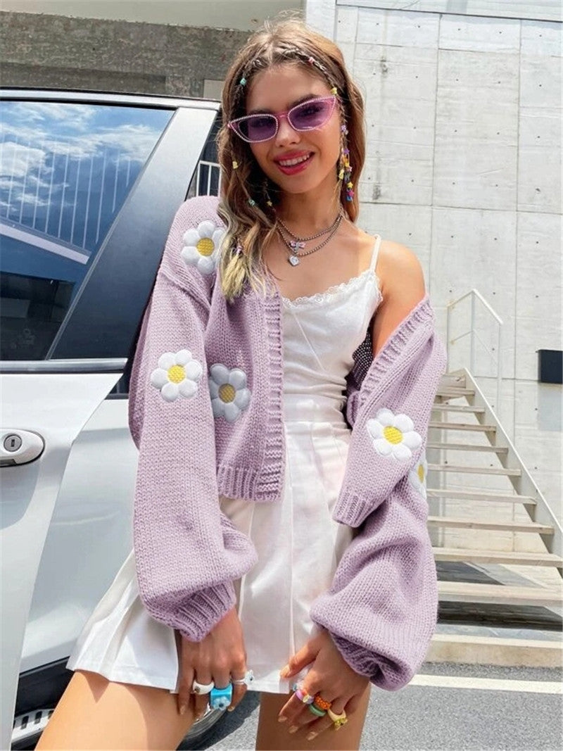 Gilet en maille à imprimé floral brodé et manches lanternes
