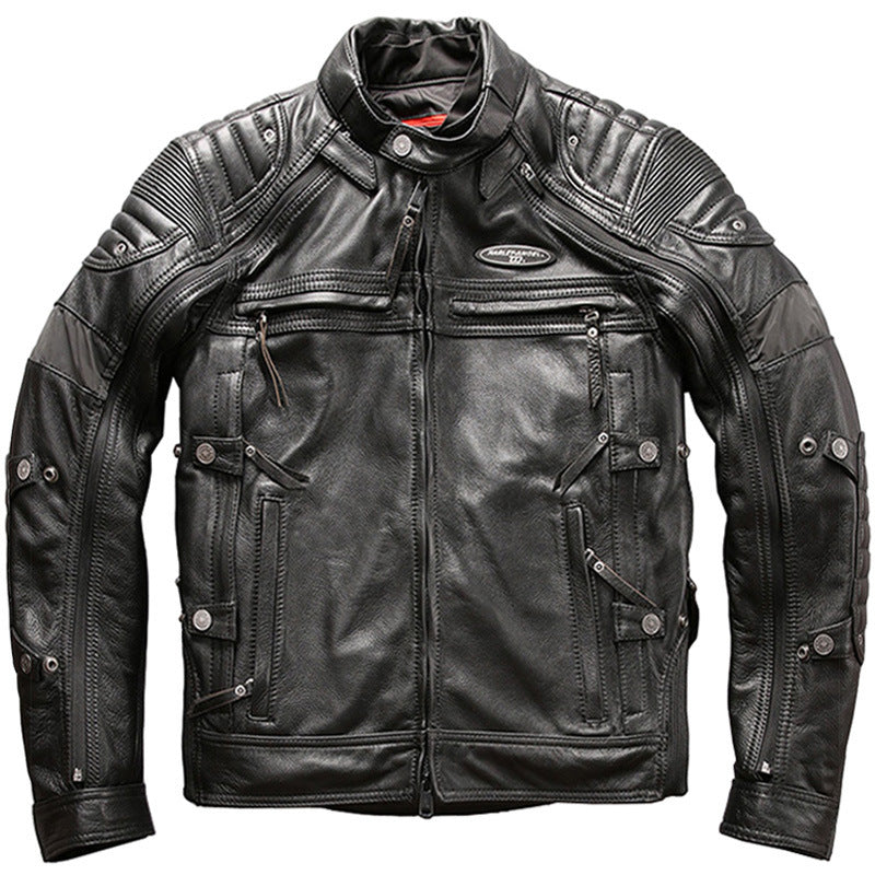 Blouson de moto slim fit en cuir de vachette véritable à col montant pour homme, couleur noire
