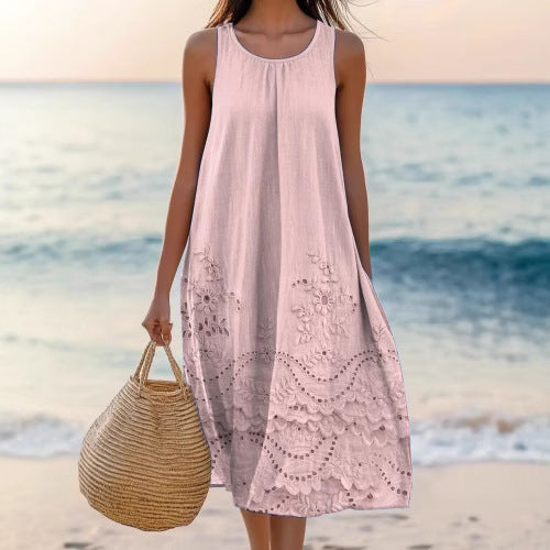 Polyester Short-Sleeve A-Line Dress for Women