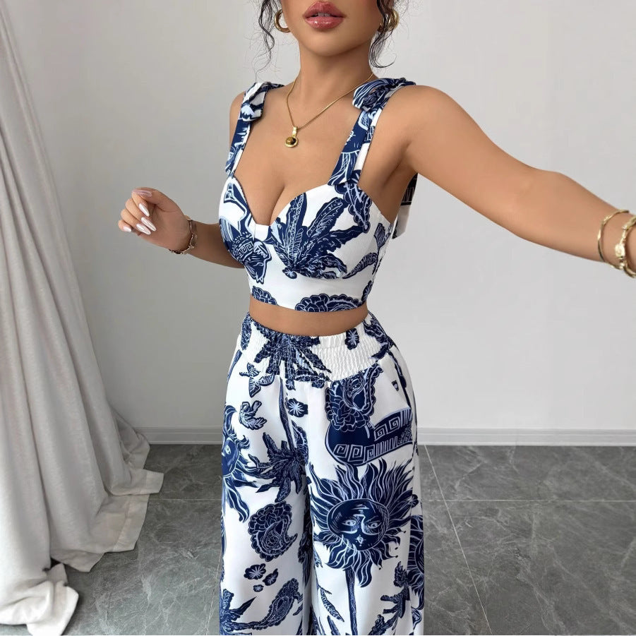Sexy V-Neck Strap Vest with Loose Wide Leg Pants Set
