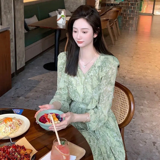 Women's Mid-length Chiffon Fairy Dress Ruffled Floral Dress