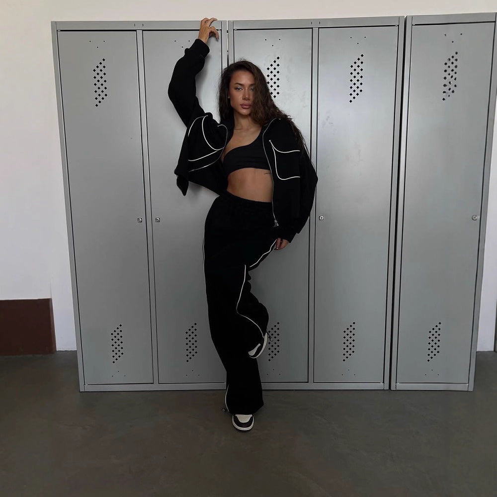 Street-Style Half-Zip Casual Sportswear Set with Patchwork