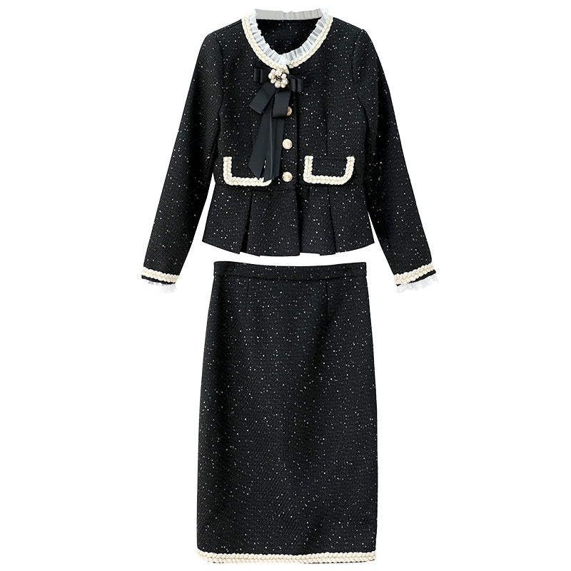 Two-Piece Black Autumn Ladies Western Coat and High Waist Skirt Set