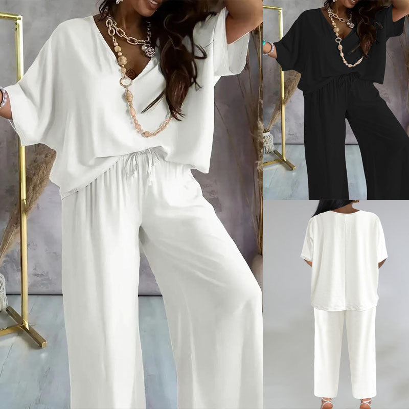 V-Neck Batwing Sleeve Loose Wide Leg Pants Suit for Women