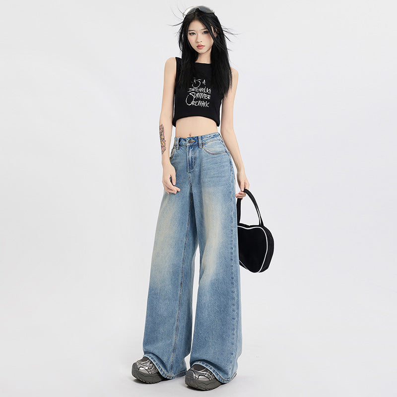 Jeans taille haute rétro bleus coupe large pour femme