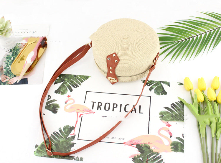 Retro Round Woven Straw Bucket Bag Medium Messenger Handbag
