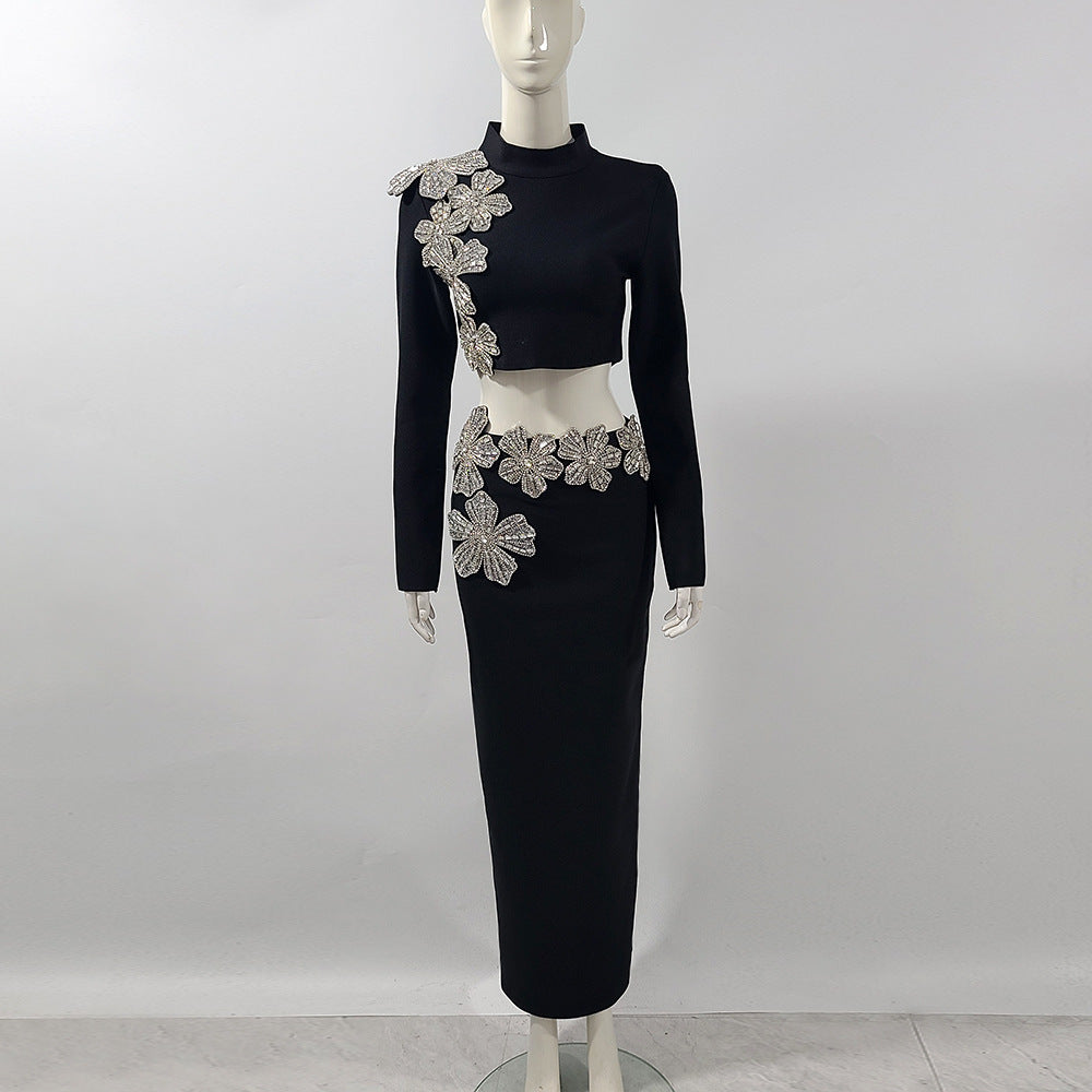 Black Polyester Two-Piece Set Long Sleeve Top & High Waist Skirt