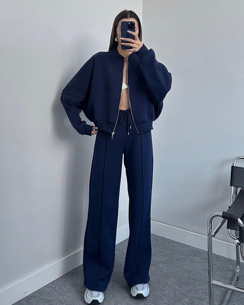 Solid Color Gray Polyester Zip Sweater & Casual Trousers Suit for Women