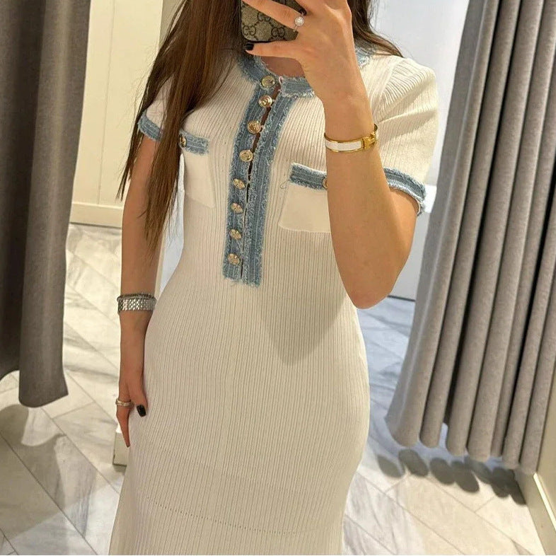 Robe Courte Ajustée à Manches Courtes en Tricot Patchwork Jean