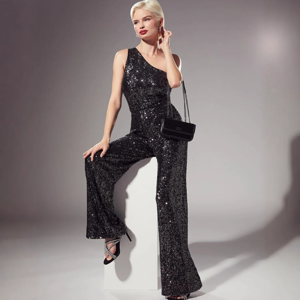 Women's Black Sleeveless Slim-Fit High Waist Belt Skirt with One-Shoulder Sequins