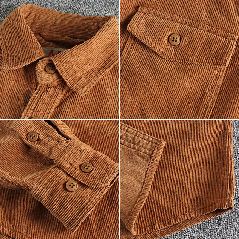 Retro Washed Wool Corduroy Long-Sleeve Shirt for Men in Multiple Colors