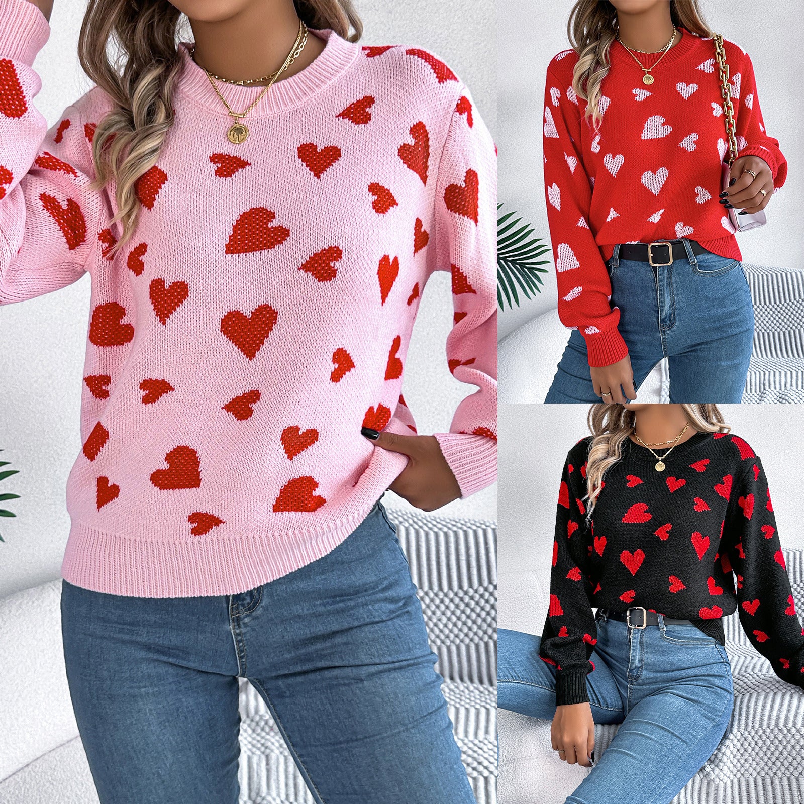 Pull tricoté à manches lanterne contrastées avec motif cœur et col rond