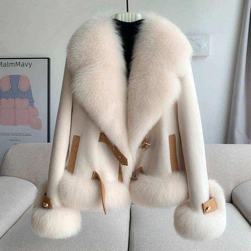 Manteau de fourrure rose abricot kaki pour femme avec manches volantées