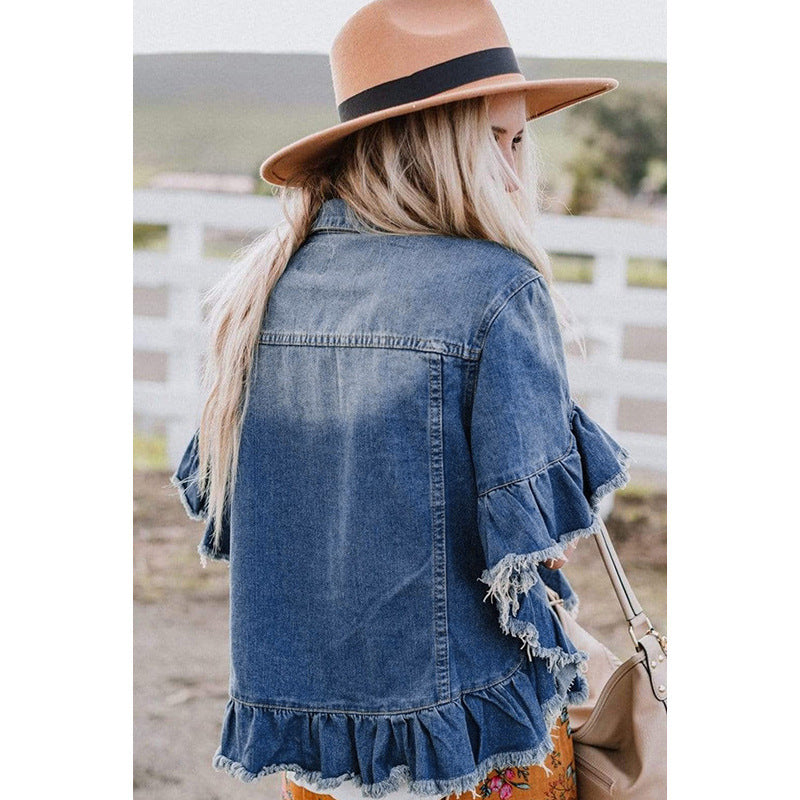 Women’s Loose Denim Jacket with Ruffled Short Sleeves