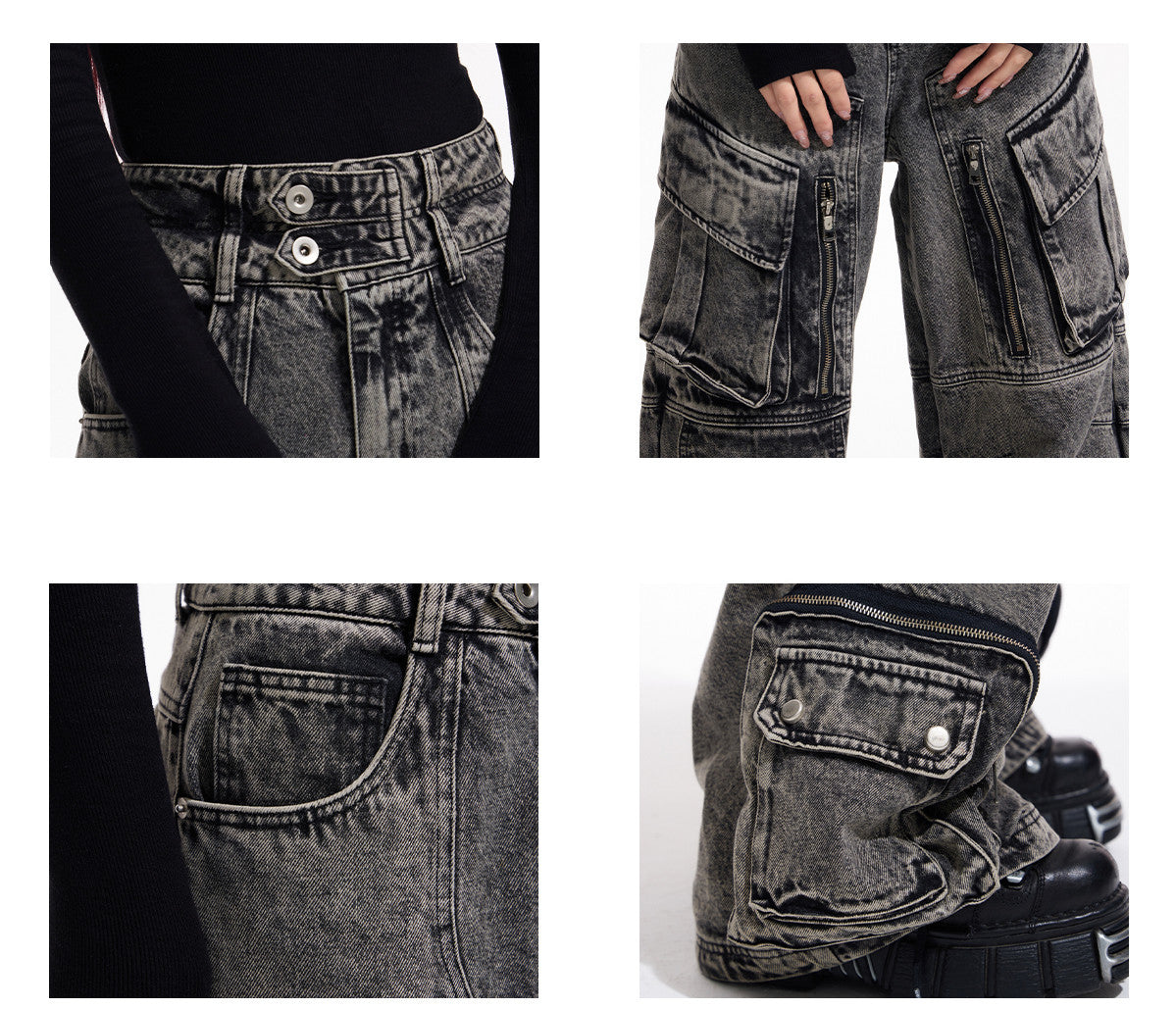 Retro Wide Leg Multi-Pocket Denim Jeans