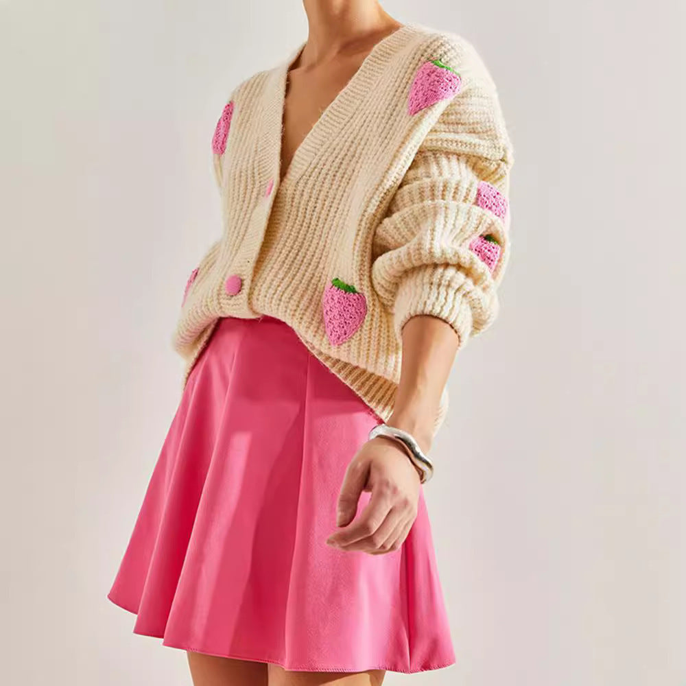 Beige V-Neck Cardigan Sweater with Strawberry Crochet Flowers